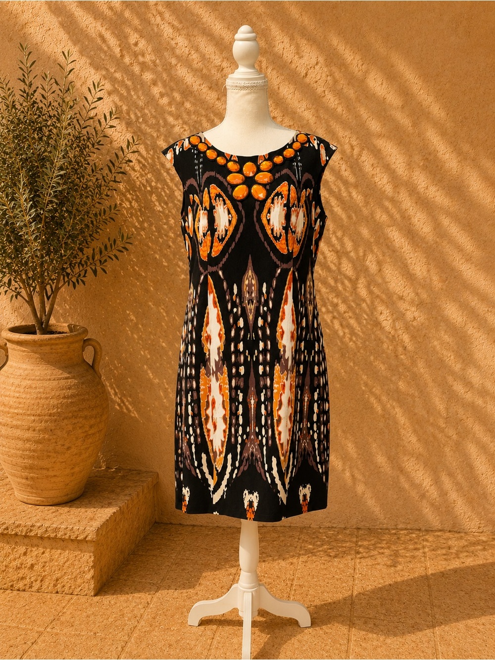 Voir Voir Black Midi Dress with Bold Orange and Cream Print